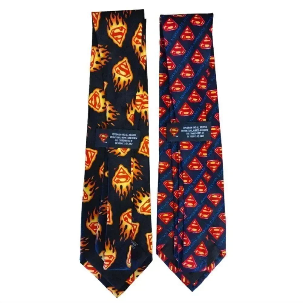 2 VTG DC Comics Superman Logos Black‎ Blue Satin Neck Ties Bundle